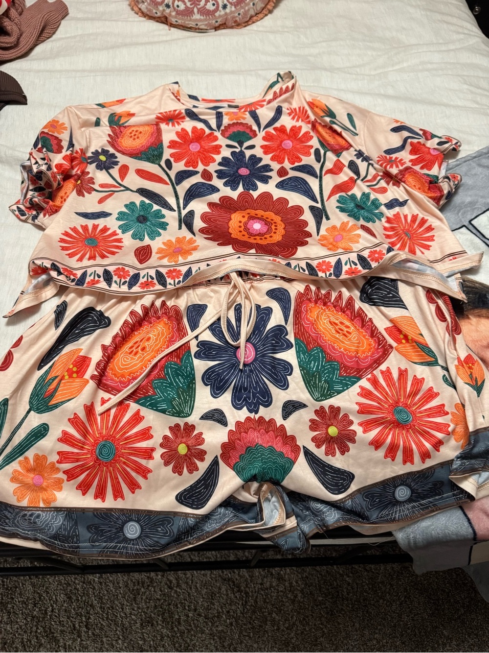 SHEIN Peach Floral Print Two-Piece Top Set with Orange, Green & Navy Accents